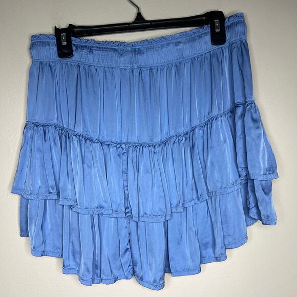 Aerie Sweet N Silky Satin Ruffle Tiered Mini Skirt Blue Sz L Flowy Y2K Western - Picture 6 of 9